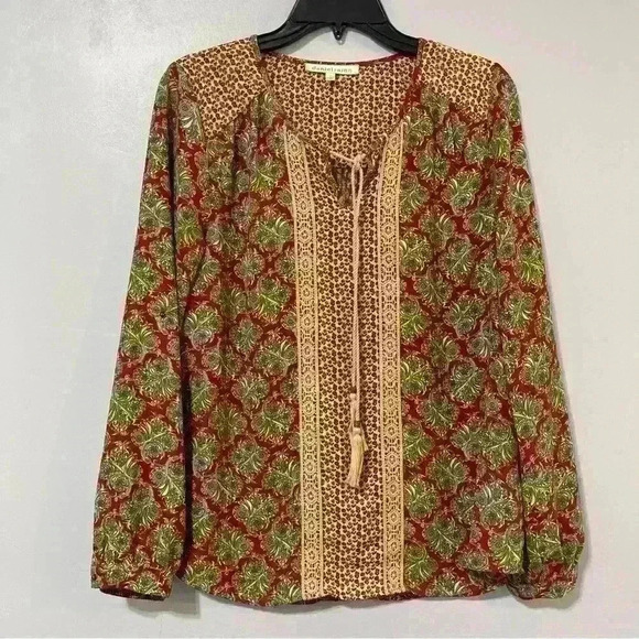 Daniel Rainn Tops - Daniel Rainn Womens S Red Brown Pattern Long Sleeve Boho Crochet Tassel Blouse